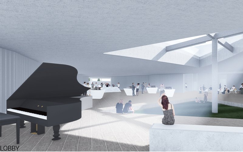 Interior lobby view where skylight, tasting spaces, music, and circulation create a sensory winery experience.
