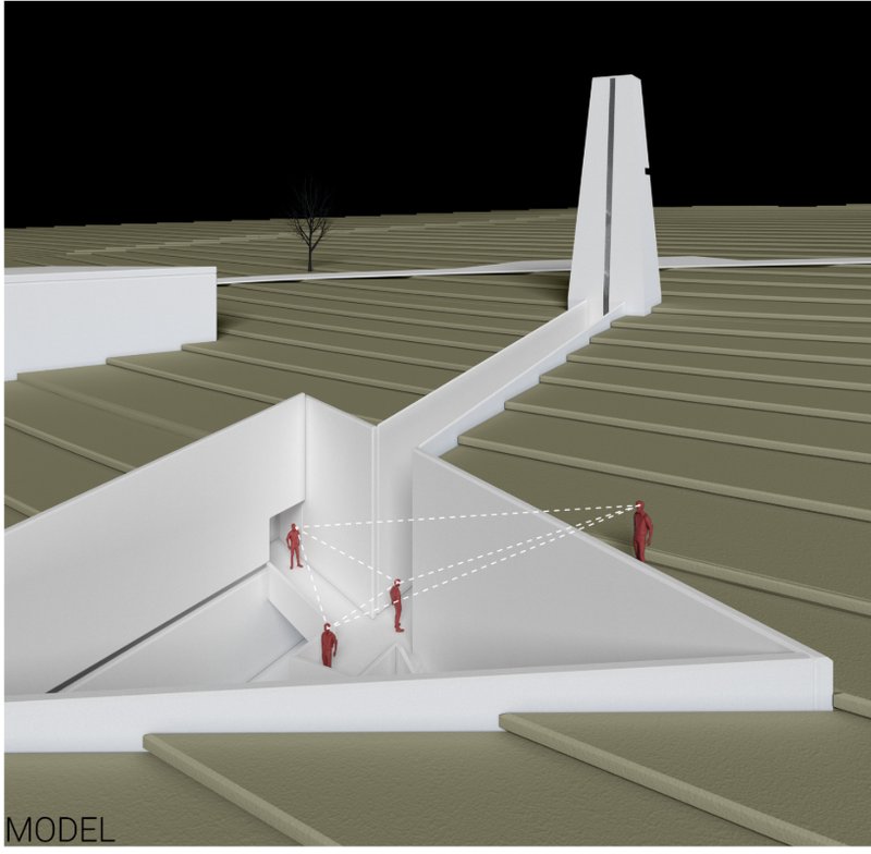 Physical model showing how the winery is carved into the vineyard terrain with a tower as landmark.