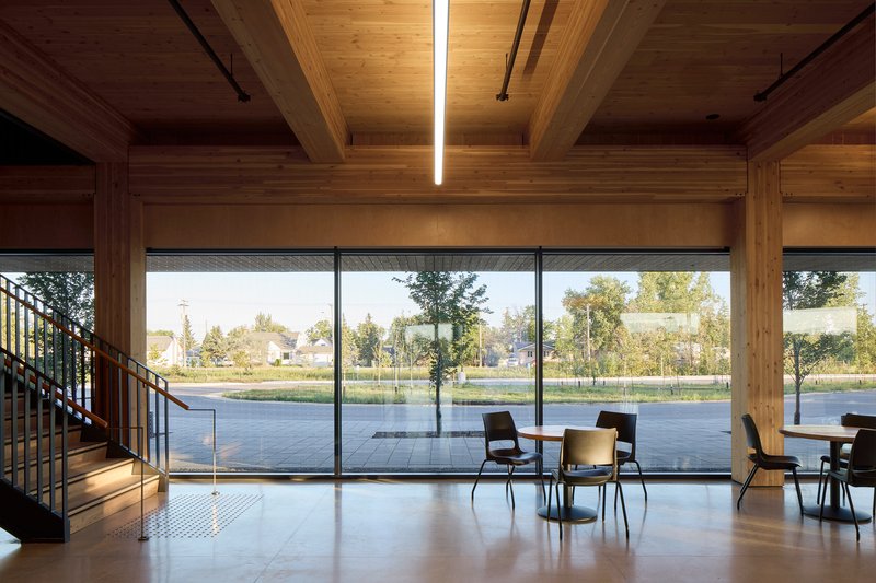 Mezzanine landing overlooking the glazed facade with exposed timber beams and linear skylights above