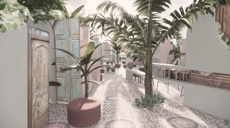 Historic doors and integrated bookshelves shape a shaded pathway through the open library.