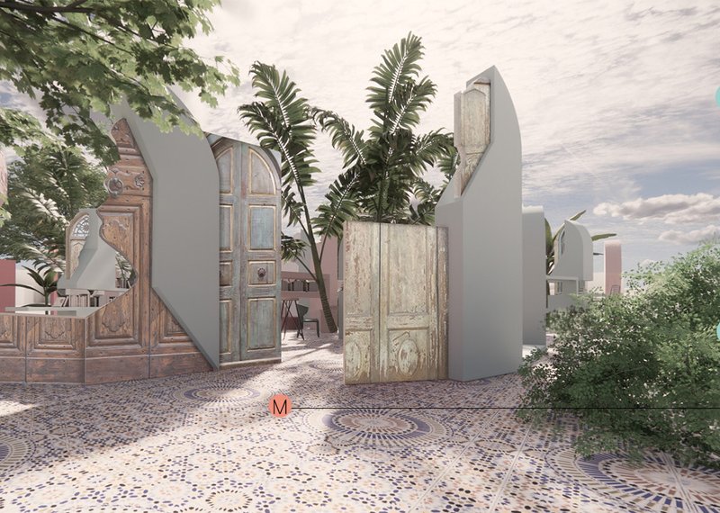 eused doors and sculptural modules form welcoming thresholds within the landscaped reading environment.