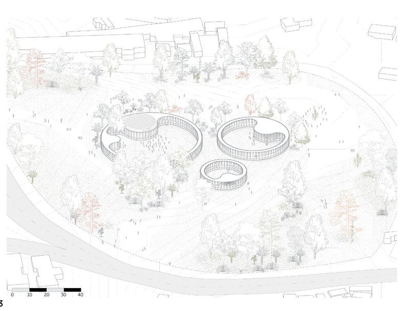 The masterplan reveals circular Eco-Chapel structures embedded within a regenerating Ethiopian landscape and forest restoration system.