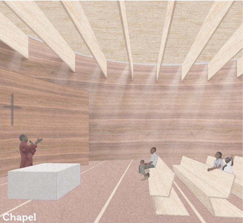 A warm timber chapel interior creates a quiet sacred space for prayer, gathering, and community reflection.
