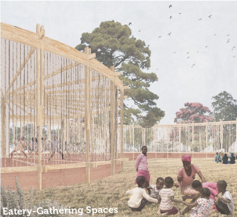 Outdoor gathering spaces extend the chapel into the landscape, supporting community life, reforestation, and everyday ecological learning.