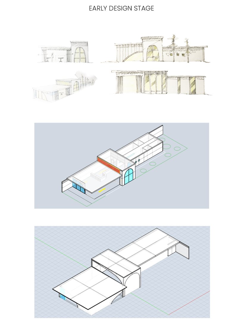 Early design studies showing the café’s evolving form, façade rhythm, and linear spatial organization.
