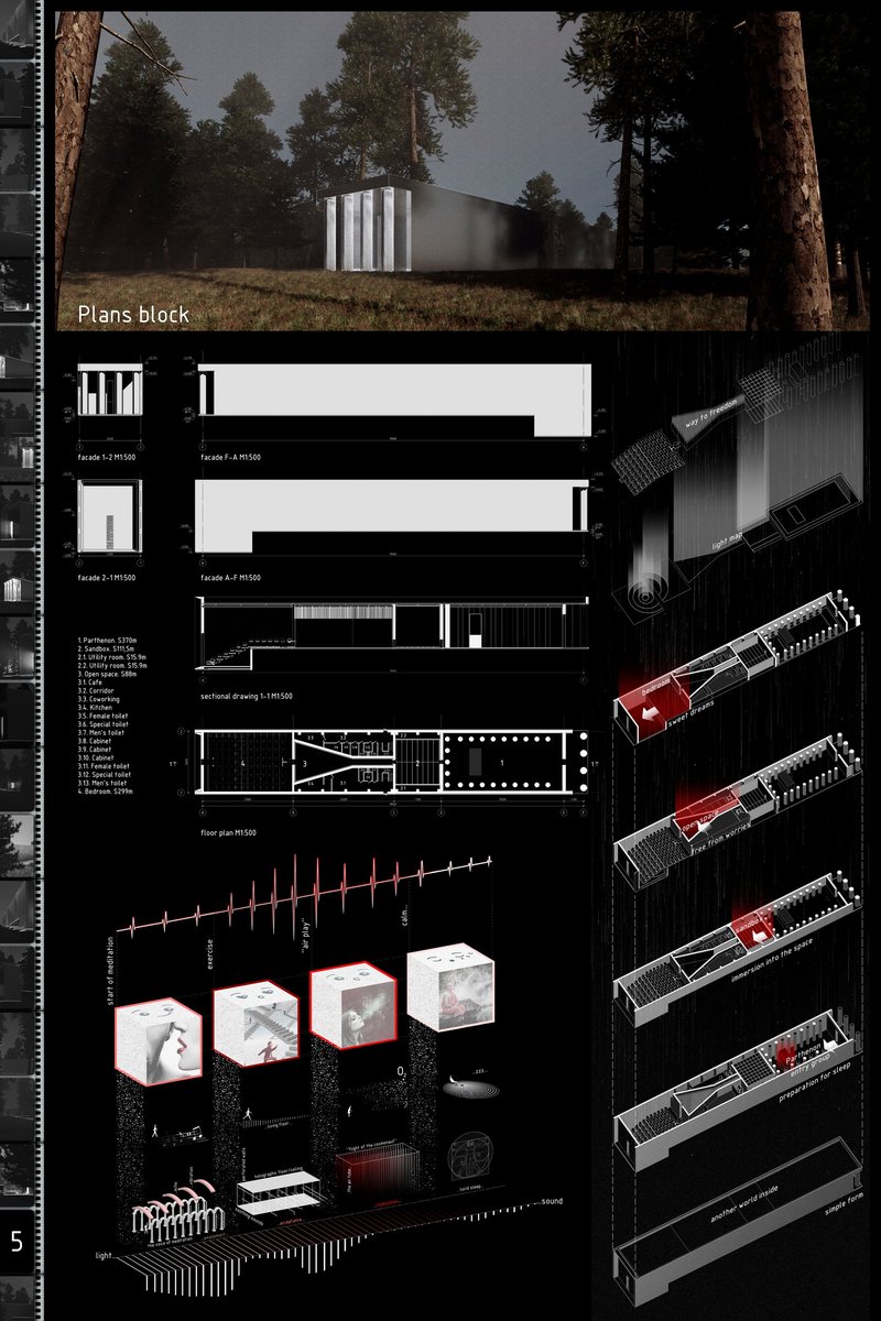 Plans, sections, and sequential diagrams illustrate the building’s linear progression from preparation and immersion to dream and reflection.