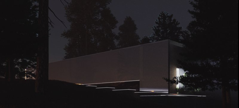 A monolithic cinema volume emerges quietly within the dark forest landscape, guided by subtle linear lighting.