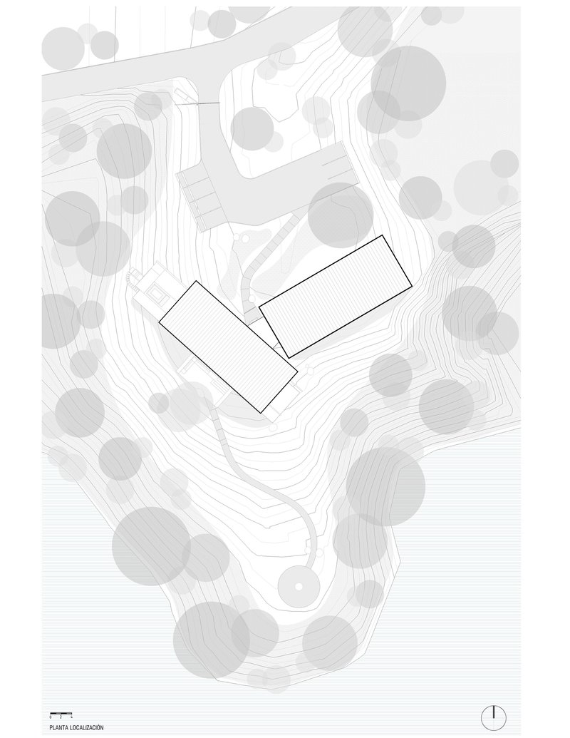 Site plan drawing showing two angled rectangular volumes set among trees on sloping contoured terrain