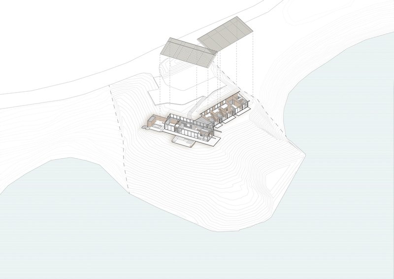 Axonometric drawing showing a rectangular building with exposed interior layout on a sloping contoured site near water