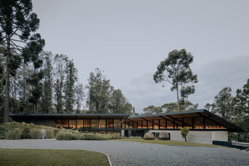 Entry approach showing the sloped roof canopy over timber-clad and glazed facades at dusk