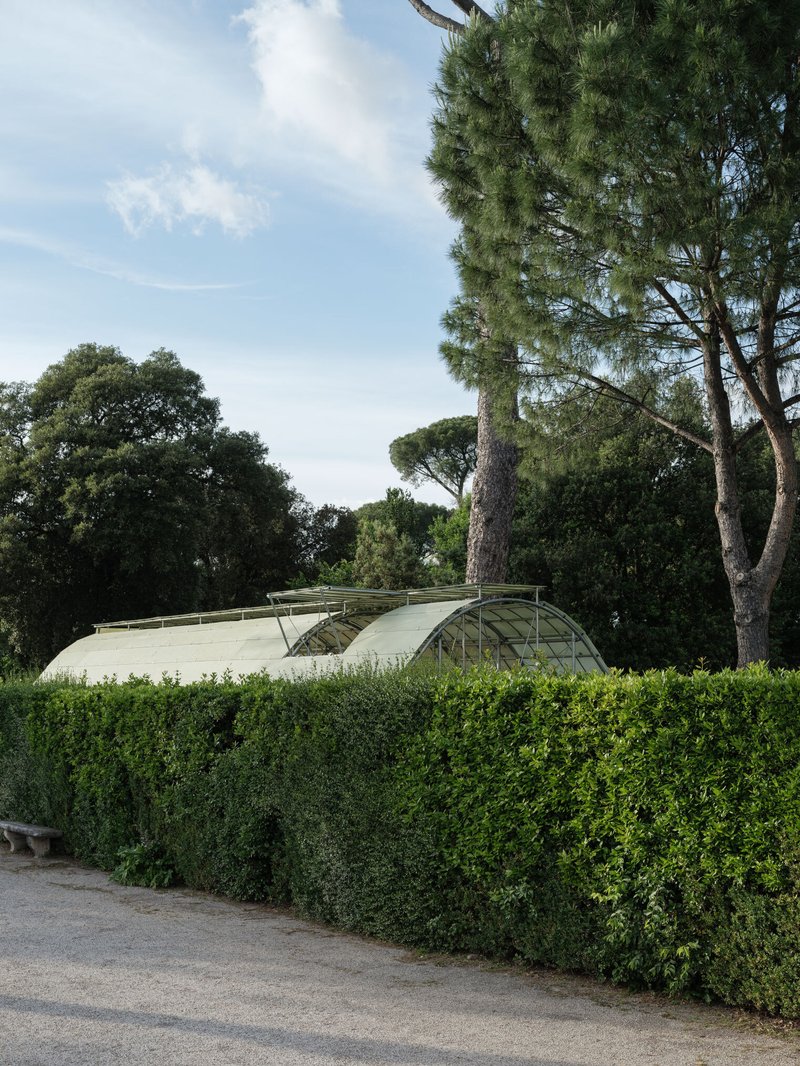 Distant view of the curved canopy nestled among pine trees and clipped hedges under a clear sky