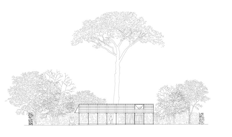 Elevation drawing showing a single-story pavilion with horizontal slat facade beneath mature trees