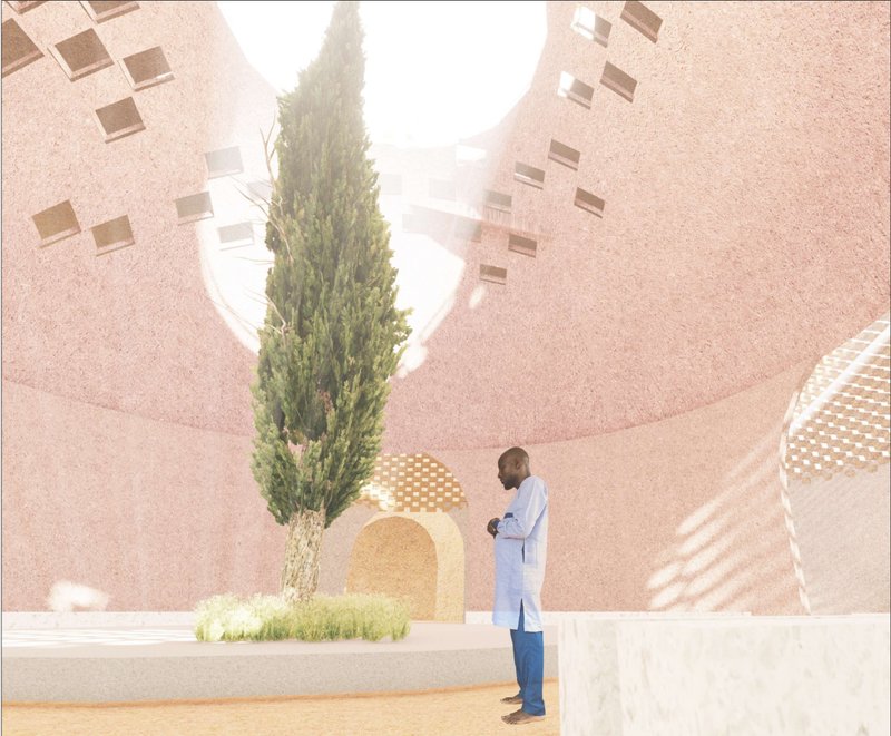 Sunlit underground chapel interior centered around a tree, creating a calm space for prayer and reflection.