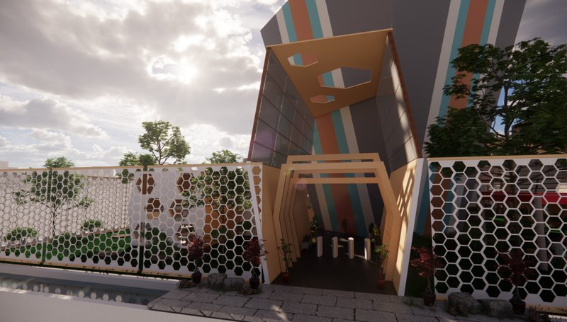 Honeycomb facade and angular entrance frame the project’s riverfront arrival experience.