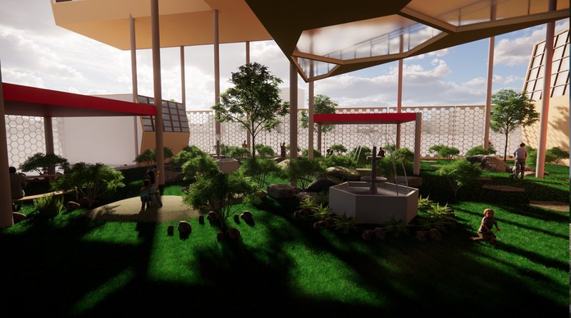Landscaped garden court with shaded public zones beneath elevated floating volumes