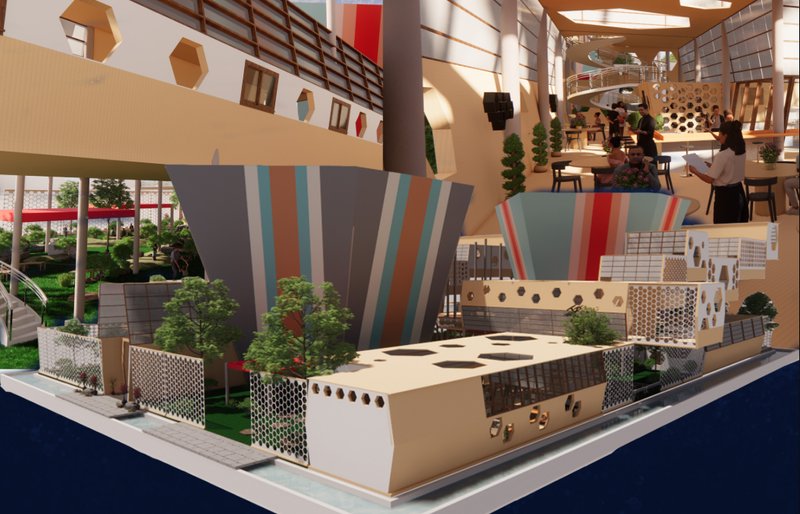 Layered view of The Flow showing cafe, studios, gardens, screens, and waterfront edge.