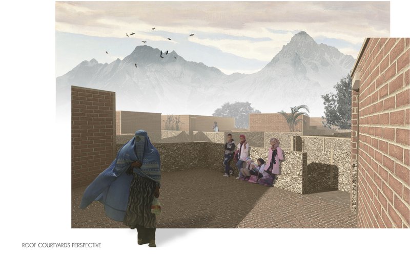Rooftop courtyards provide secure shared spaces for gathering, conversation, and everyday community life against the mountain landscape.