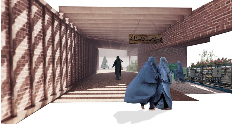 A shaded communal passage integrates circulation, water infrastructure, and shared spaces within the women-led settlement.