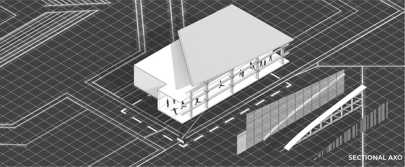 Sectional axonometric showing the sports centre’s layered structure, circulation, facade system, and elevated activity zones.