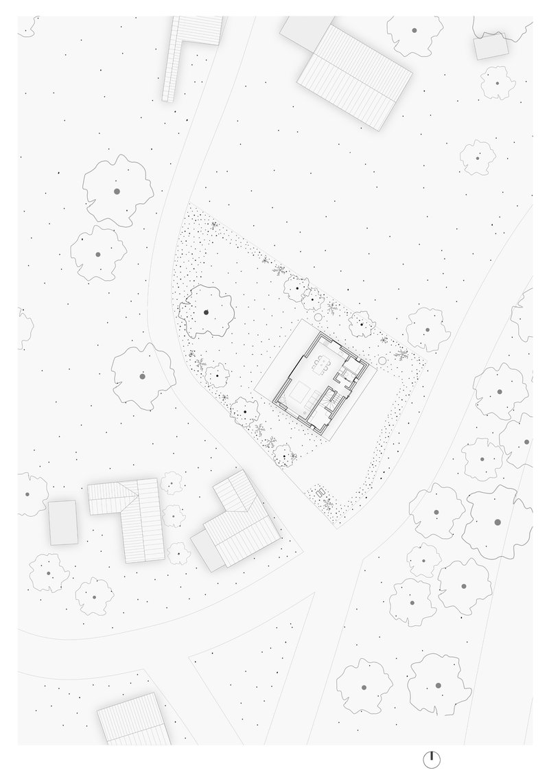Site plan drawing showing a central house surrounded by scattered trees and neighboring structures
