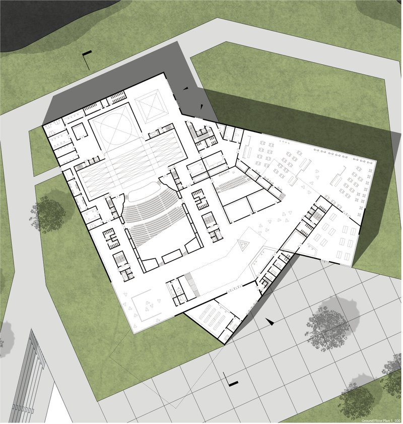 Ground floor plan reveals the opera house’s angular layout, auditorium core, and public programs.