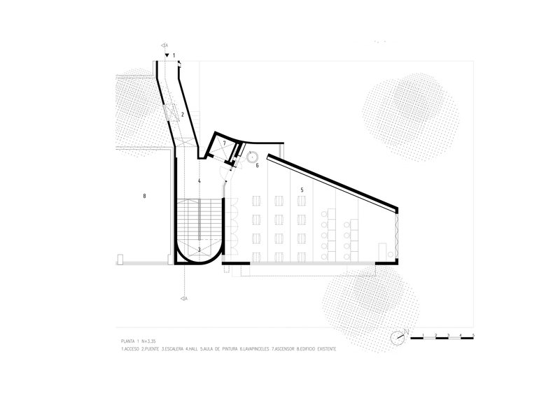 Floor plan drawing showing a curved stair volume and sloped assembly hall with surrounding landscape