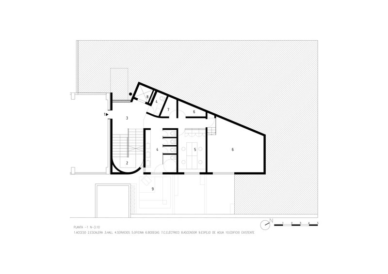 Upper floor plan drawing showing corridor with curved stair and large terrace area
