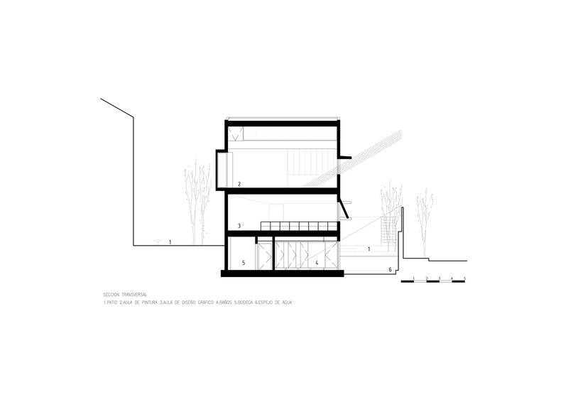 Transverse section drawing revealing three-level interior with sloped roof and adjacent trees