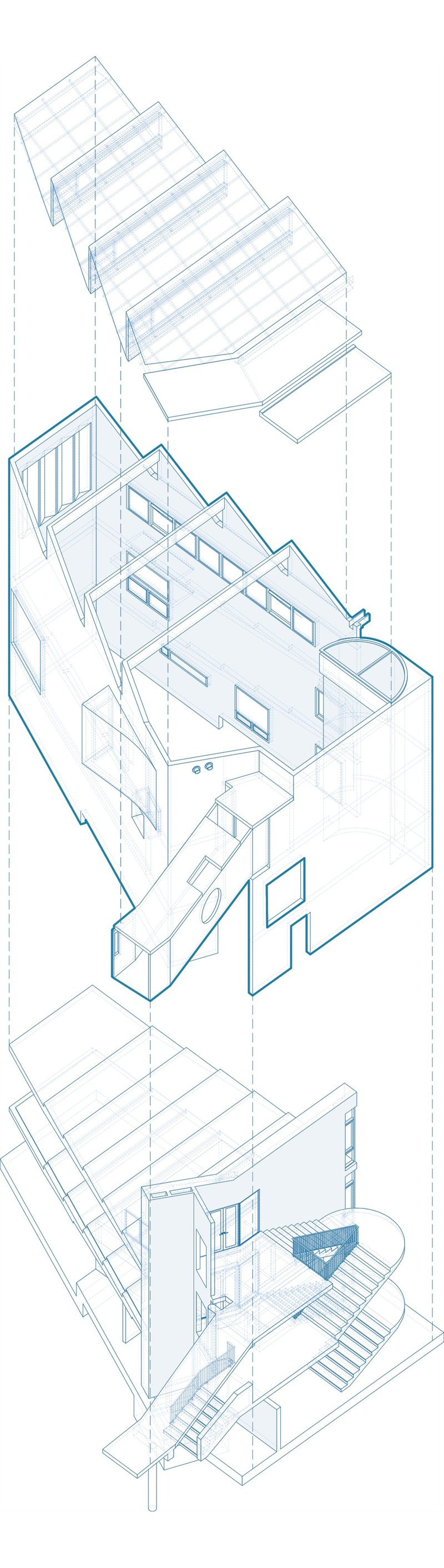 Exploded axonometric drawing displaying stacked floor levels and sloped roof assembly