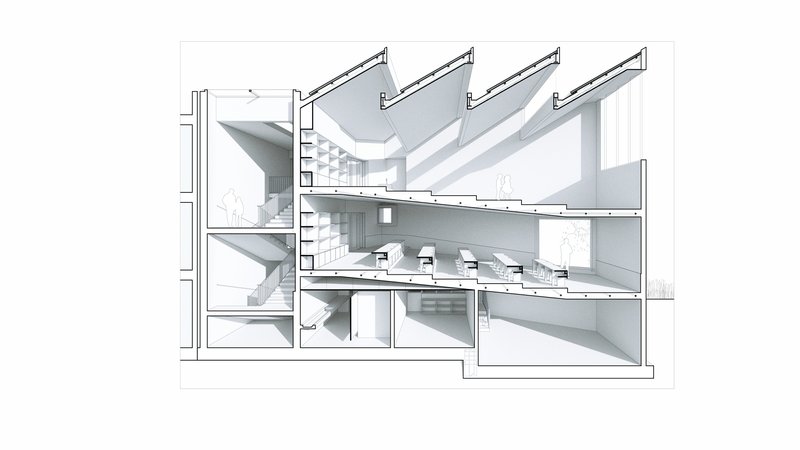 Section drawing revealing a multi-level interior with angled roof beams and suspended floor plates