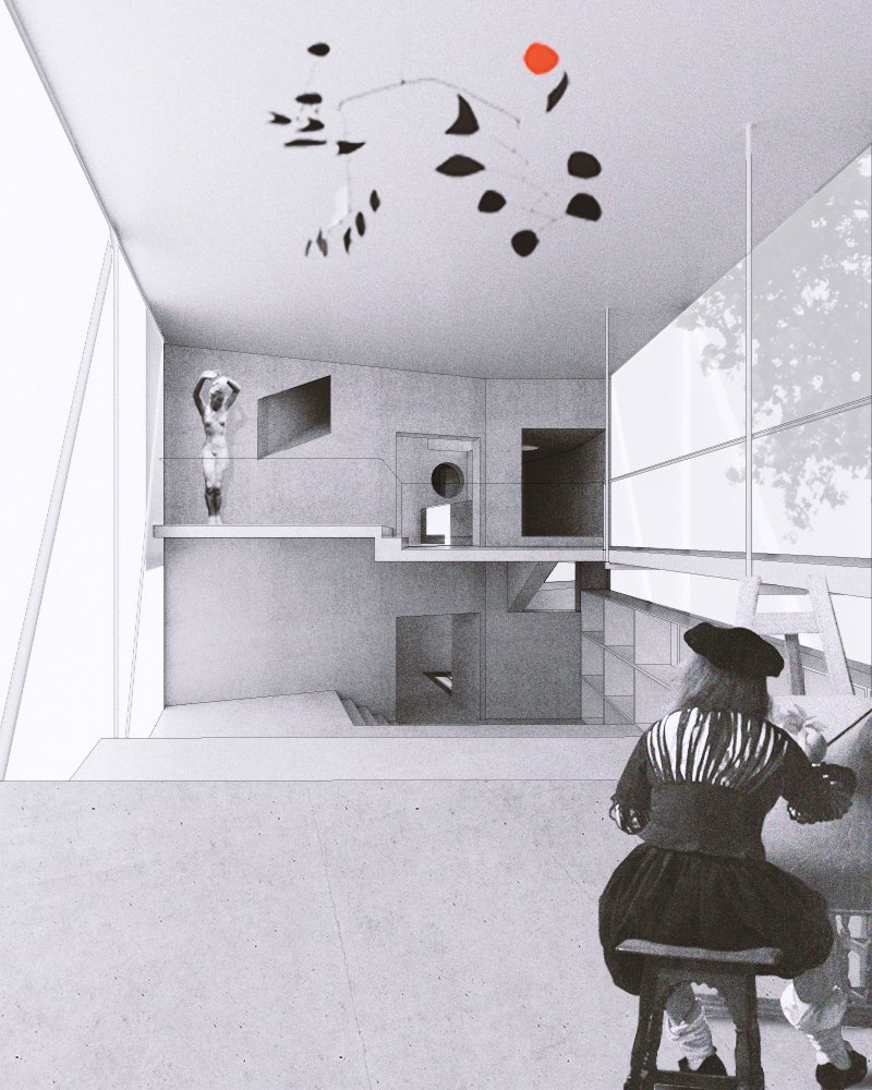 Axonometric rendering of a split-level interior with a figure seated at a desk near a window