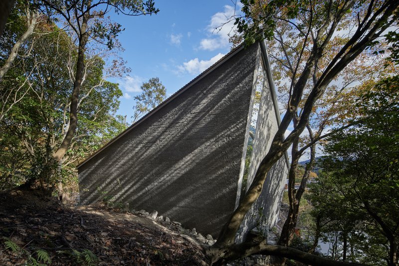 Side elevation showing the steeply pitched textured roof plane rising above the sloped terrain