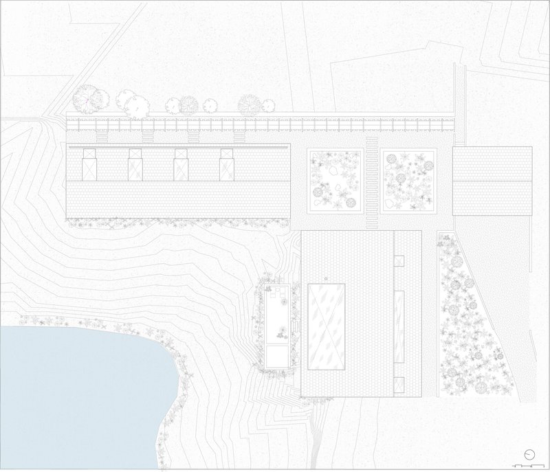 Roof plan drawing depicting various building footprints with different roof textures adjacent to a water body