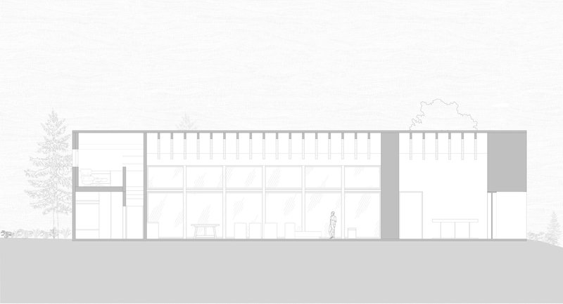 Elevation drawing showing a glazed facade with vertical mullions and a figure standing inside