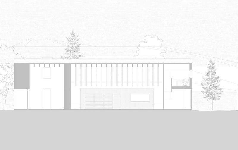 Elevation drawing depicting a long facade with repeating vertical louvers and flanking trees