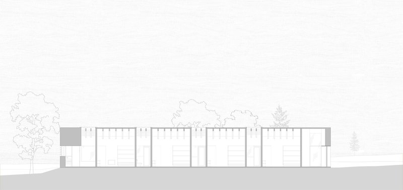Elevation drawing showing a series of volumes with vertical slats and outlined deciduous trees