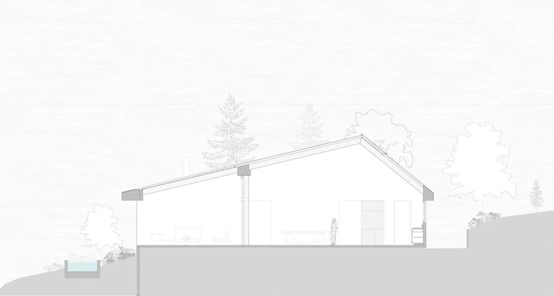 Section drawing revealing a sloped roof structure with a figure inside and waterfront edge