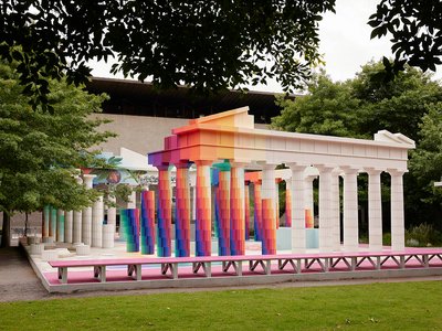 Adam Newman and Kelvin Tsang installed a colorful, mural-clad version of the Parthenon at NGV's Garden.