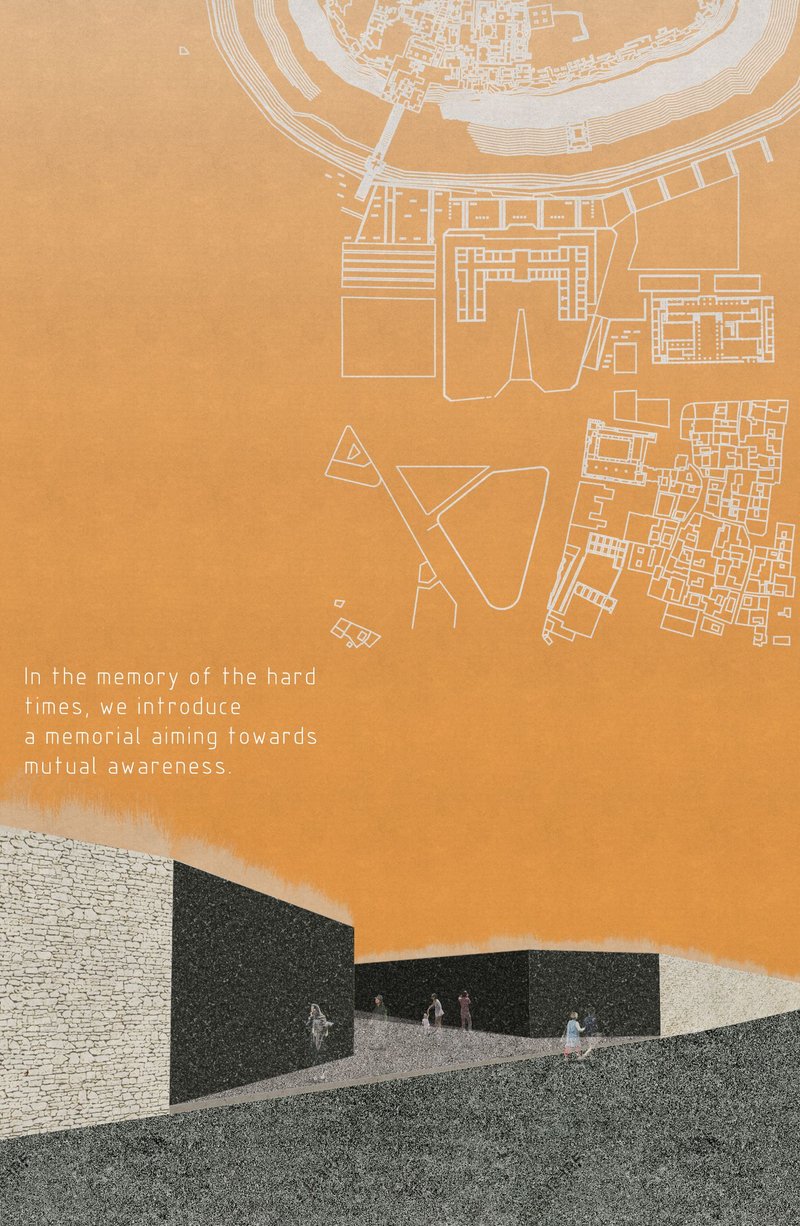 Composite drawing showing site plan and perspective rendering of a ramped memorial with visitors and textured walls