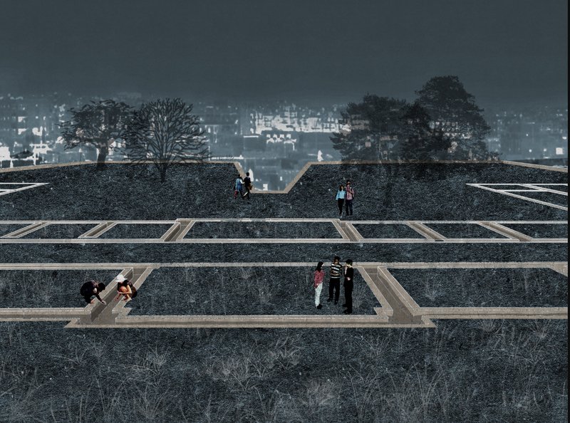 Terraced memorial landscape with timber-framed foundation outlines and visitors against a misty urban backdrop at twilight