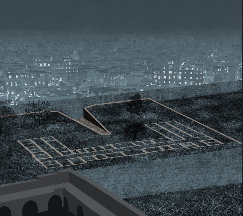 Elevated view of the stepped memorial plaza with geometric timber frames and a lone tree at nightfall