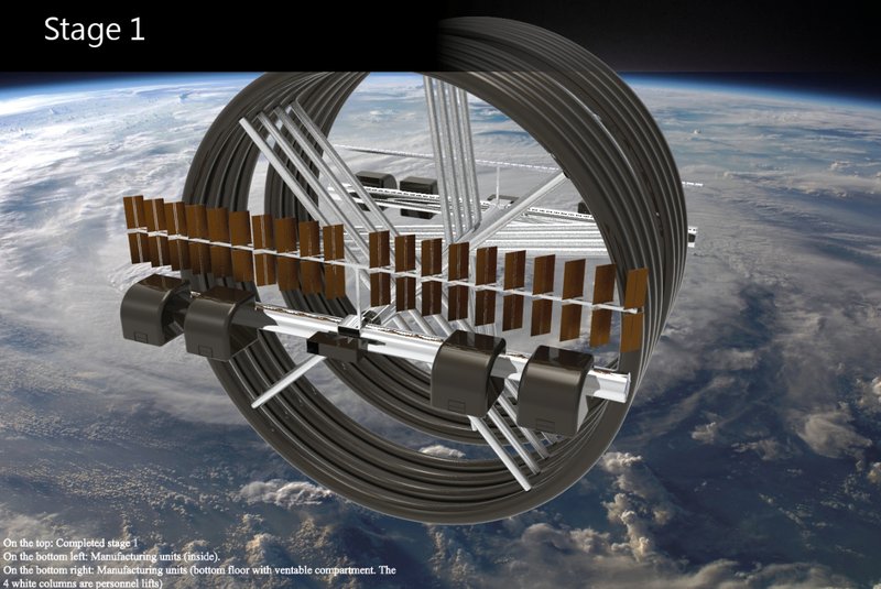 Architectural diagrams and internal layouts illustrating manufacturing floors, connectors, photovoltaic systems, and radiator arrays.