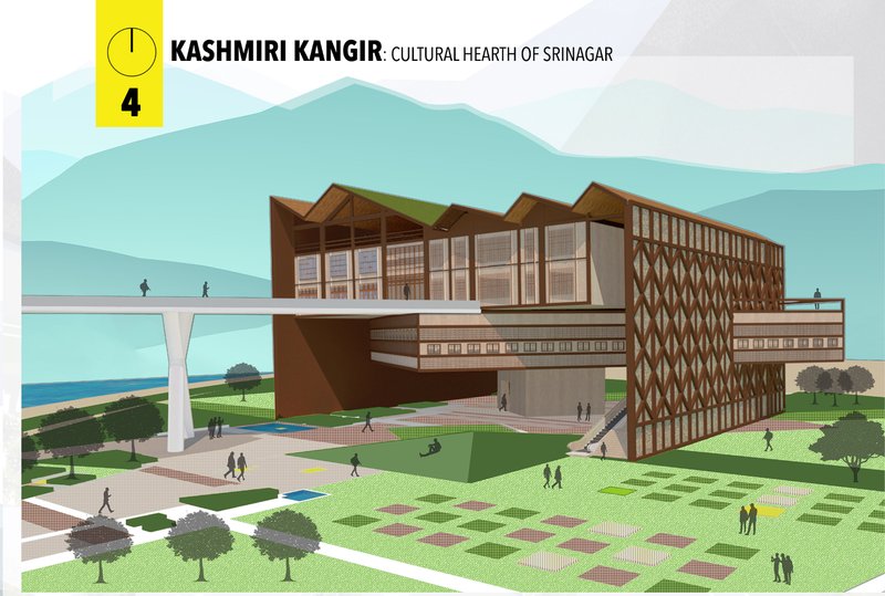 Perspective view showing the elevated cultural centre blending with Kashmiri terrain and public green plazas.