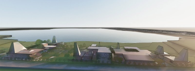 Panoramic view of the cultural campus along Vandiur Lake, integrating landscape, built form, and water edge.