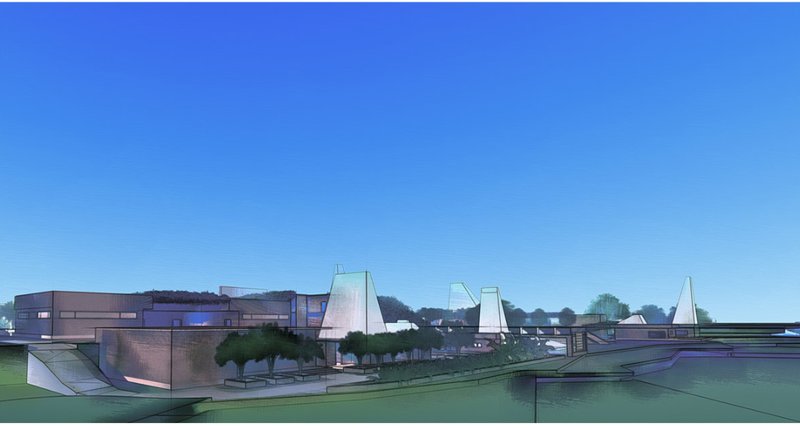 Lake-facing elevation expressing the rhythmic skyline of vernacular roof abstractions across the site.