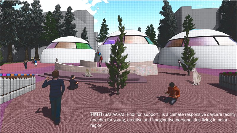 Showcasing igloo-inspired forms arranged around a shared interactive courtyard designed for play and community engagement.