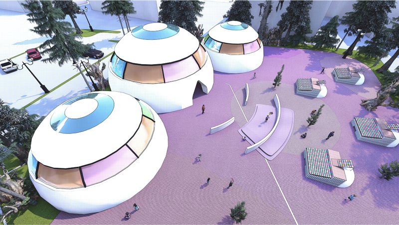 Aerial perspective of the daycare campus, highlighting climate-responsive dome structures, solar-oriented planning, and expansive pink rubber play surfaces.