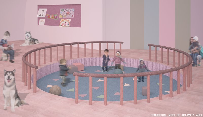 Interior activity zone, where soft materials, circular layouts, and playful colors create a safe, engaging environment for early childhood learning.