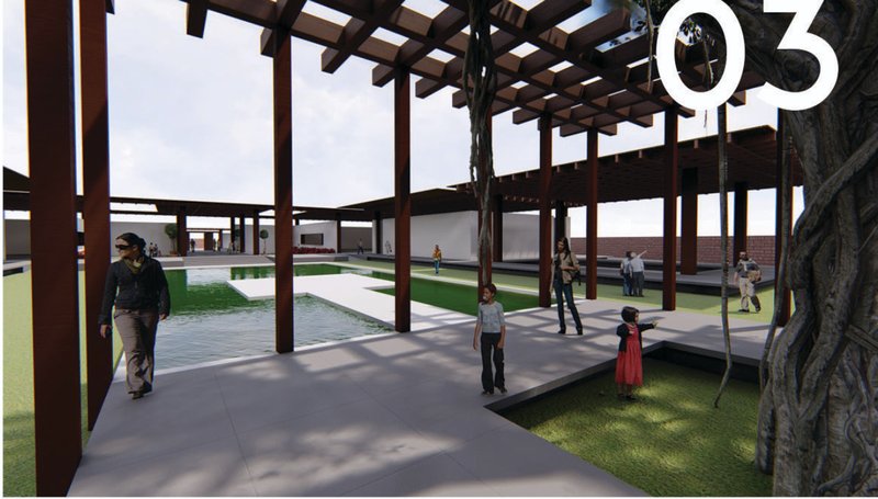 Shaded walkways lead visitors to a reflective water court anchored by the historic banyan tree.