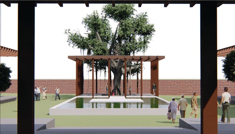 The banyan pavilion stands as the spiritual and spatial heart of the cultural campus.